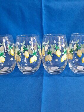 Set 4 Deco Watercolor LEMON Stemless Wine GLASSES 15.75 Oz Cristar Double Old-Fa